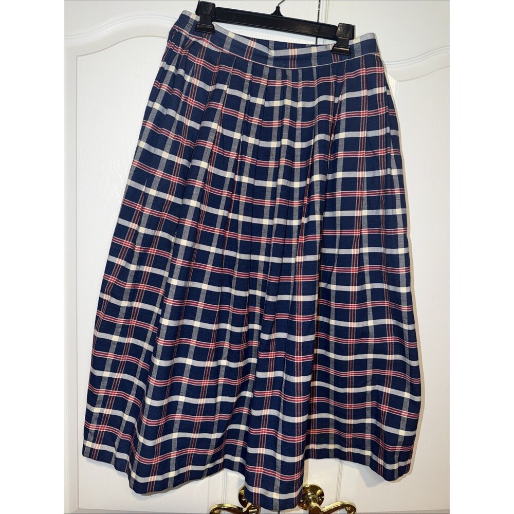 Vintage Women Plaid Skirt Sz 8 10 Red White Blue PleatsPockets Midi Prairie USA
